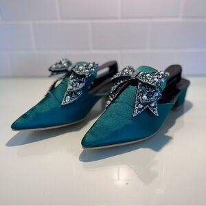 NEW Green Satin Type Bow Mules, Pearl & Rhinestone Size 10 2” Heel